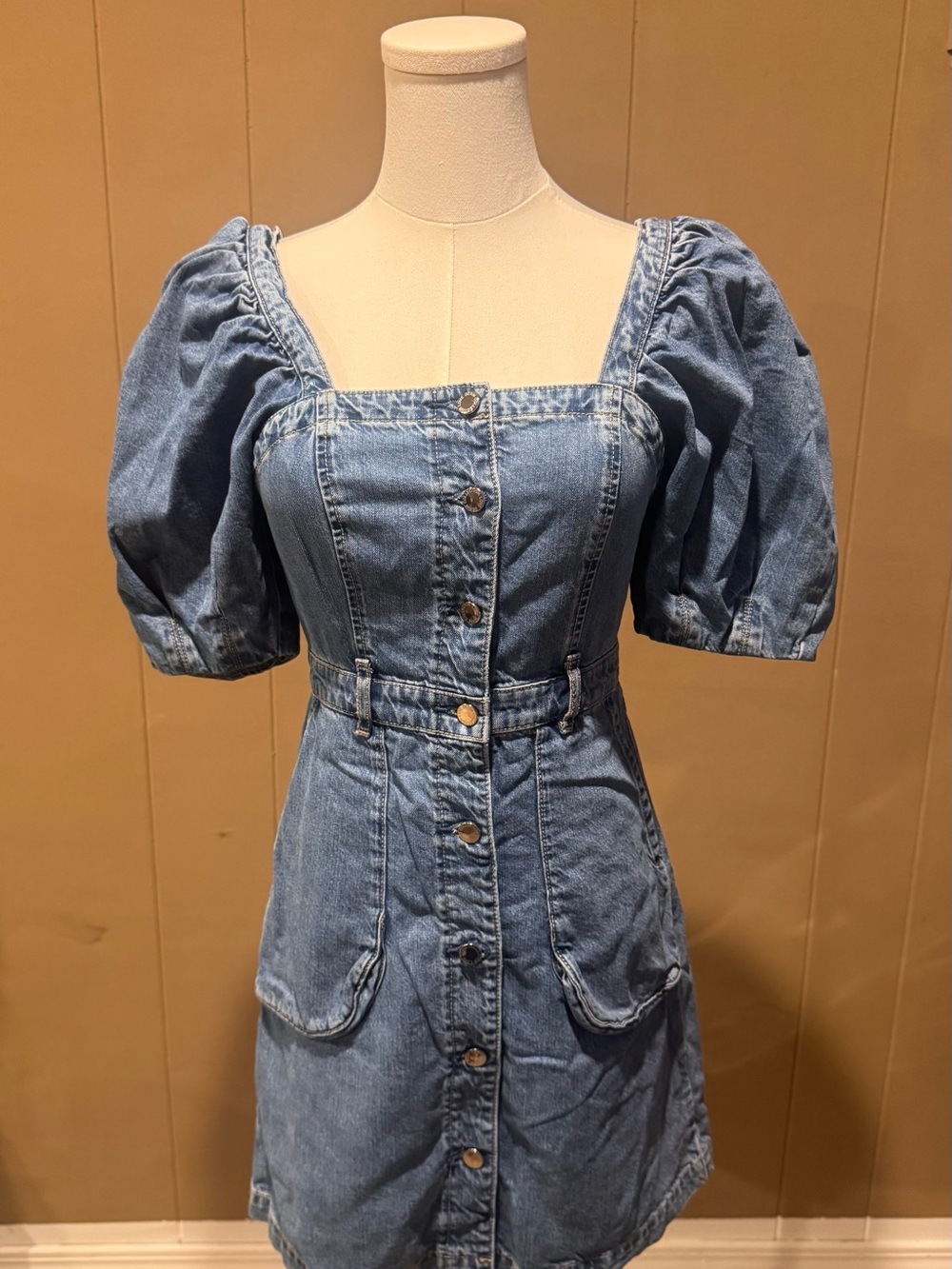 Denim Puff-Sleeve Button-Front Mini Dress - Light Blue